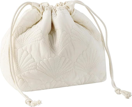 uekeboag White Shells Drawstring Quilted Cotton Makeup Pouch,Coquette Quilted Toiletry Bag for Women and Girls, Floral Coquette Organizer Bag, Aesthetic Travel Cosmetic Bags(White Shells Drawstring)