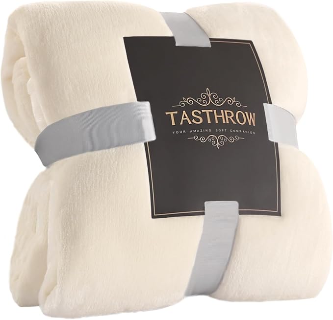 TASTHROW Large Flannel Fleece Throw Blanket, 60×80 Inch - Cream White | Cozy Lightweight Thick Blanket - All Seasons Suitable for Women, Men and Kids