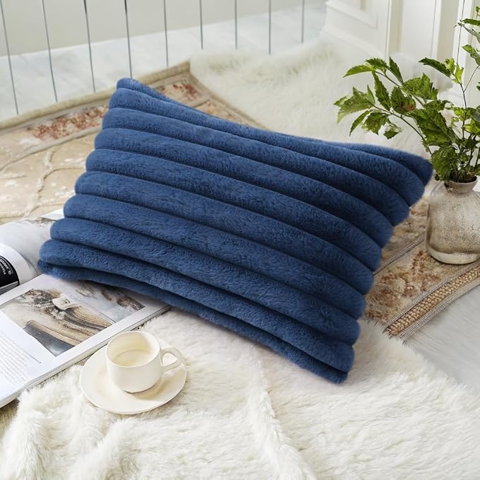 decorUhome Fall Faux Fur Throw Pillow Covers 12x20 Set of 2 Navy Blue | Decorative Soft Cozy Striped Plush Modern Farmhouse Boho Couch Pillow Cases Velvet Back for Sofa Bed Living Room Home Decor