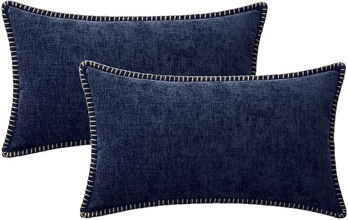 MIULEE Decorative Lumbar Throw Pillow Covers 12x20 Inch Navy Blue 2 Pack | Farmhouse Pillow Covers with Stitched Edge, Soft Chenille Cushion Cases, for Couch Sofa Bed Living Room Home Decor