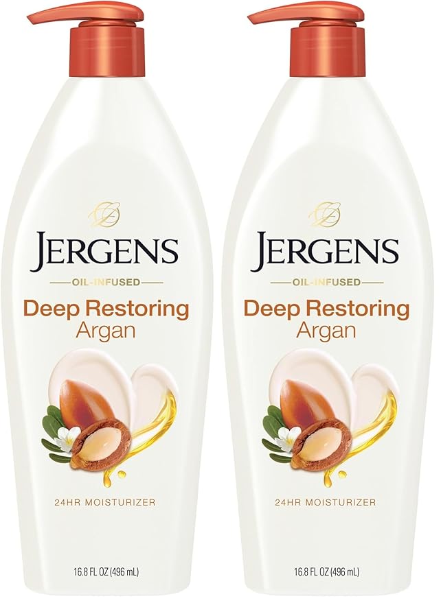 Jergens Deep Restoring Argan Oil Moisturizer, Soothing Body and Hand-Lotion with Reviving Argan_Oil and Vitamin E, Oil-Infused, Dermatologist Tested, 16.8 oz (Pack of 2)