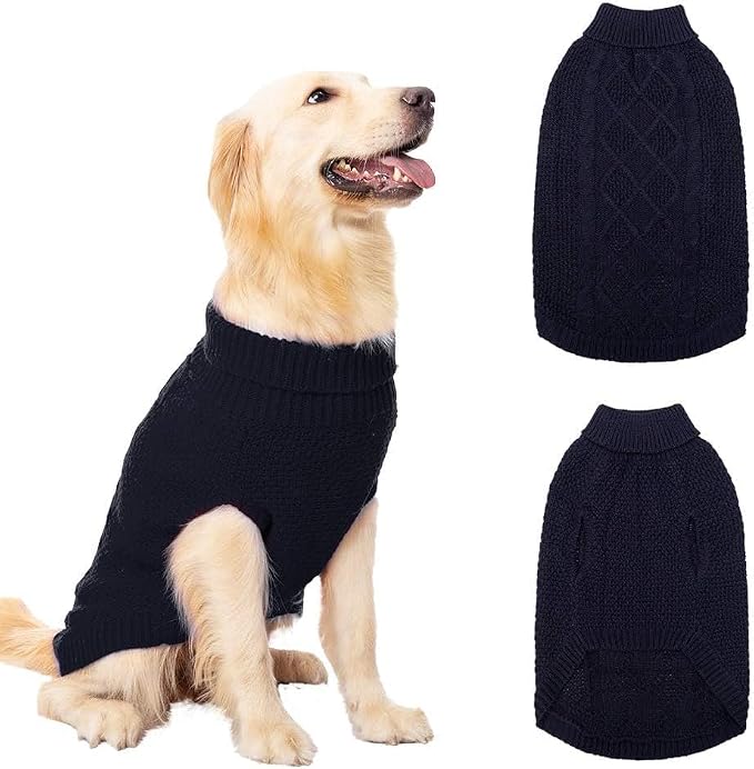 Mihachi Turtleneck Dog Sweater - Winter Coat Apparel Classic Cable Knit Clothes with Leash Hole for Cold Weather, Ideal Gift for Pet in New Year Navy Blue ML