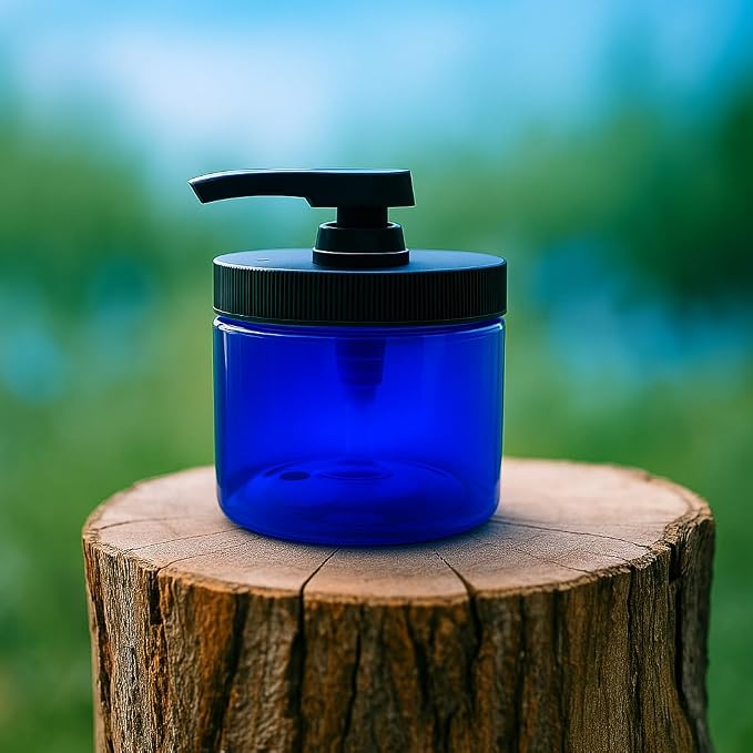 Royal Massage 16oz Refillable Pump Jar with Locking Dip Tube Dispenser – BPA-Free Plastic Container for Massage Oils, Lotions, Creams – Ribbed Lid Wide-Mouth Jar – Durable & Reusable (Blue/Black, 2)