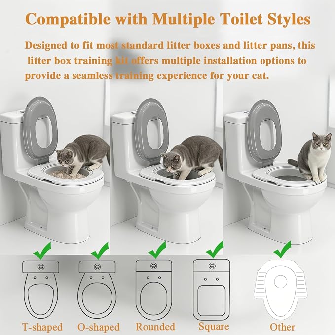 Cat Toilet Trainer Kit with Litter Scoop,5 Movable Parts | Grey detachable lid for all feline sizes,step-by-step guidance,squatting pan compatible,Fits Most Toilets