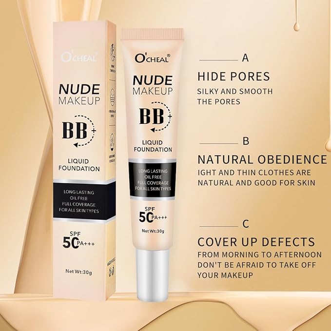 O'CHEAL BB Cream with SPF 50+ | Full Coverage Tinted Moisturizer with Buildable Concealer Powder Foundation, Oil-Free, Hydrating & Matte Finish | Vegan, Cruelty-Free, for All Skin Types(Ivory)