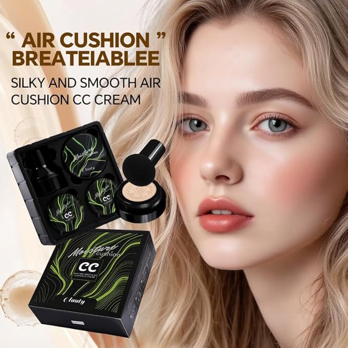Moisture Cushion CC Cream Foundation for Mature Skin - Flawless Concealer BB Cream with Mushroom Sponge, Long-Lasting Waterproof Air Cushion, Natural (02# – Refill Kit (1 Full + 2 Refills))