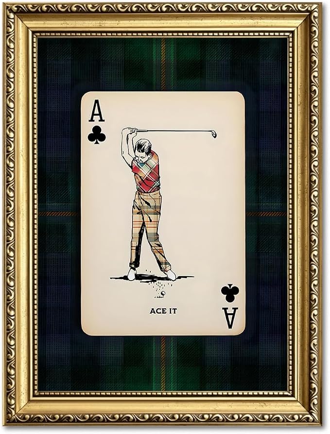 Gold Framed Vintage Golf Wall Art, Man Cave Golfer Sports Wall Decor Painting Playing Plaid Canvas Prints Picture for Bedroom Living Room Man Room Club 12x16 inch