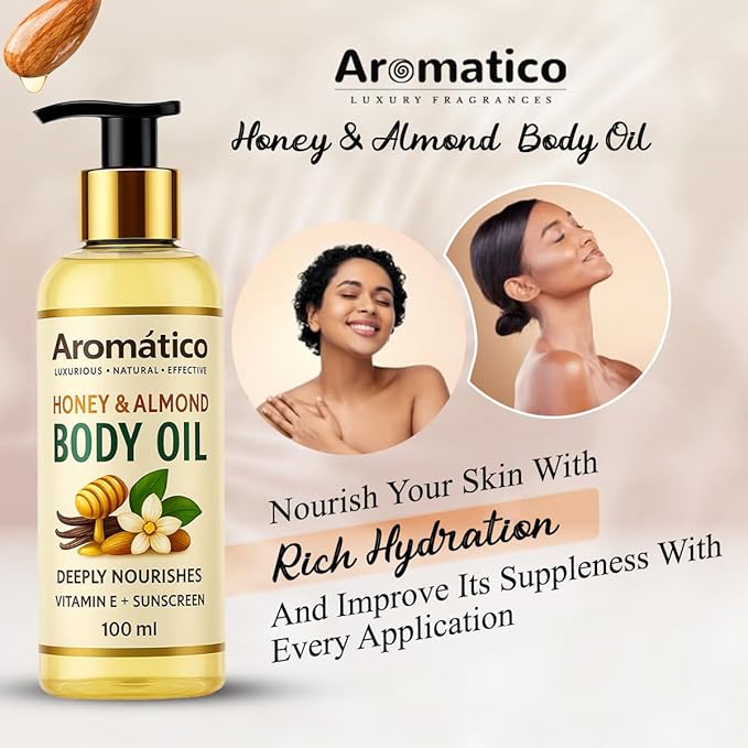 Aromatico Honey & Almond Mini Body Oil for Women. Dry Skin-Deep Hydration Formula for Glowing Skin in the Winters. Non-Sticky Texture, for Daily Use after Bath. Cozy & Creamy Fragrance - 4 fl Oz