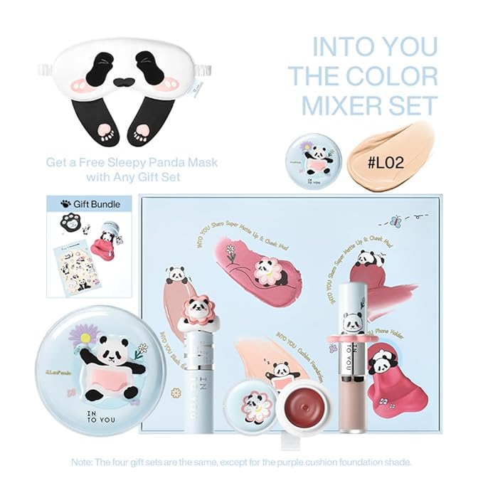 INTO YOU x M.Lan Panda The Color Mixer Set Limited Edition - 7 pieces Makeup Box Sets, Matte Lipstick + Canned Lip Mud + Blush & Highlight Duo + Cushion Foundation + Gift Bundle, L02 Set