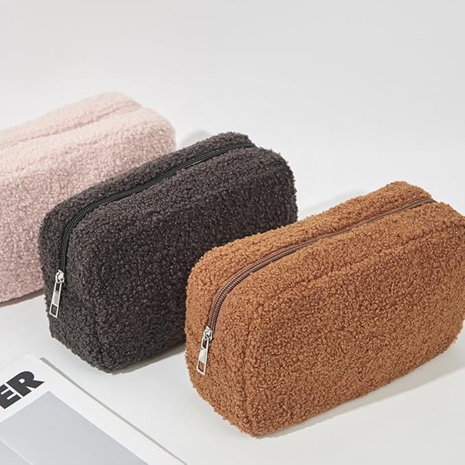 Cute Makeup Bag, Initial Cosmetic Bag, Fuzzy Makeup Bags for Women, Beauty Pouch with Chenille Letter, Personalized Cosmetic Pouch for Travel, Dark Grey F