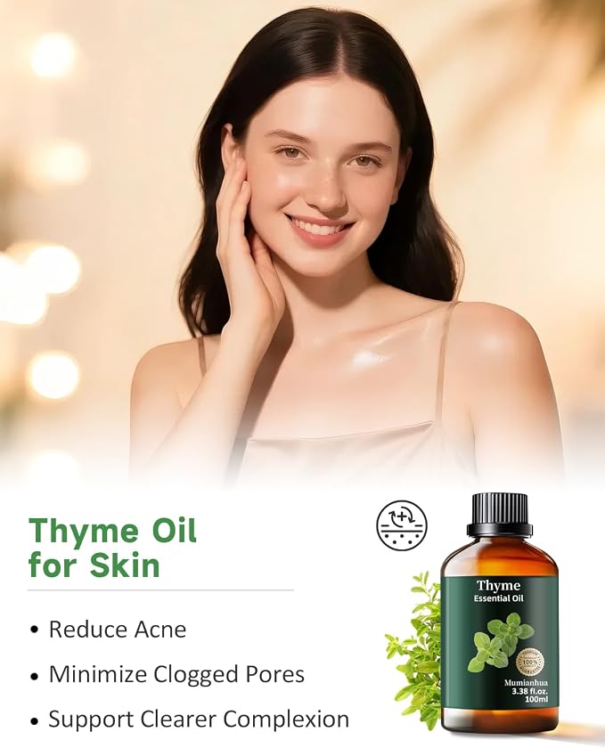 Thyme Essential Oil, Herbaceous Scent, Outdoor, Diffuser & DIY, 3.38 Fl Oz | Mumianhua Thyme Oil, Steam-Distilled. Warm, Herbal Aroma. For Outdoor Spray, Skin & Scalp Care, Home Freshening & DIY