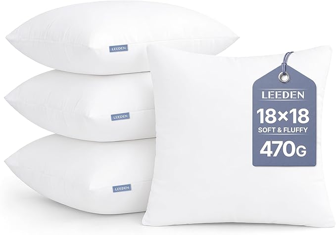 Leeden 18x18 Pillow Inserts Pack of 4, 18 Inch Throw Pillow Inserts, Soft Fluffy Decorative Square Throw Pillows for Couch, Sofa, Bed, and Home Decor White Pillows