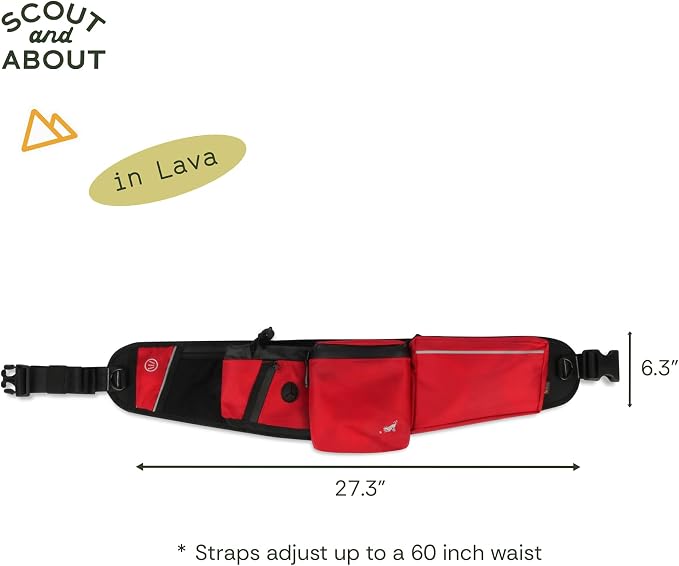 P.L.A.Y. Explorer Pack All-in-One Dog Walking Belt Bag with Zipper Pockets, Water Bottle Holder, Treat Pouch, Poop Bag Holder/Dispenser, Ball Pouch - Attaches to Leash for Hands-free Walking (Lava)