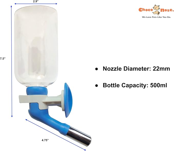 Choco Nose No-Drip Water Bottle for Large Dogs (Over 50 lb) – Leak-Proof Patented 22mm Nozzle Helps Prevent Mess & Spills, BPA Free Cage & Crate Mount Feeder for Kennels, 16.9 fl oz (C570)