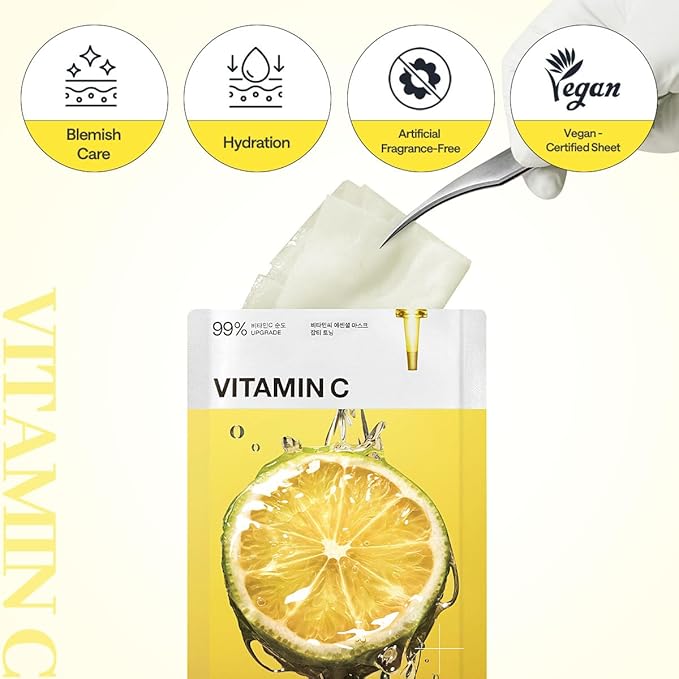 Mediheal Essential Face Mask [Vitamin C] Clear Toning 10 pcs. with 99% Purity Vitamin C & 10 Vita Actives for Radiance & Hydrating Glow & Vitalizing- Korean Skin Care & Vegan Formula Korean Sheet Mask