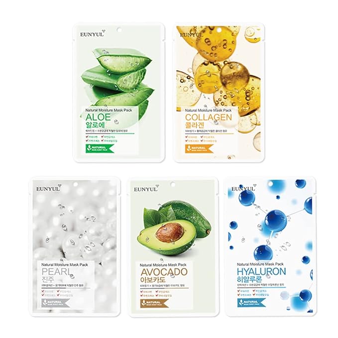 EUNYUL Natural Mask Sheet [Pack of 50] - Bulk Value Set, 5 Types x 10 Sheets (Aloe, Collagen, Pearl, Hyaluron, Avocado) - Korean Face Sheet Masks for Daily Skin Care