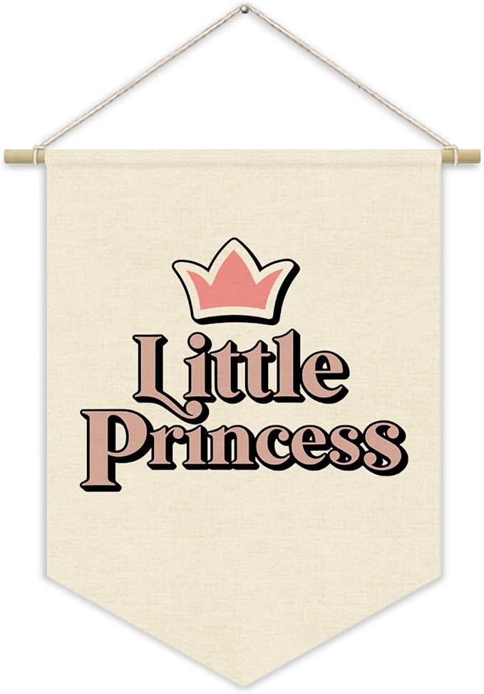 Little Princess Room Decor for Girls Bedroom, Pink Cute Princess Crown Linen Pennant Banner for Baby Girl Nursery Wall Hanging, Playroom Toddler Room Decorations 15x11 Inch