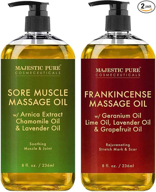 Majestic Pure Sore Muscle Massage Oil and Frankincense Massage Oil Bundle – 8 fl oz Each
