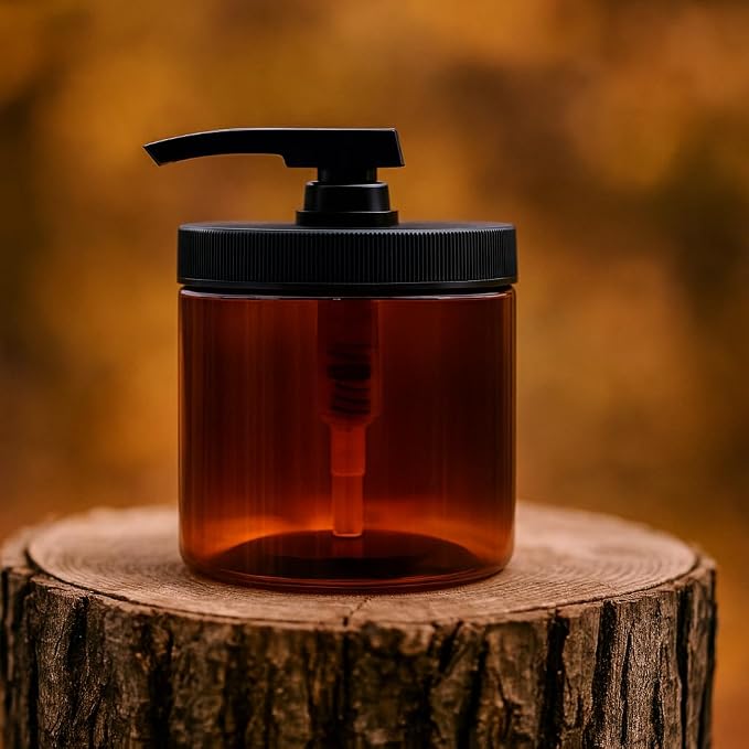 Royal Massage 16oz Refillable Pump Jar with Locking Dip Tube Dispenser – BPA-Free Plastic Container for Massage Oils, Lotions, Creams – Ribbed Lid Wide-Mouth Jar – Durable & Reusable (Amber/Black, 12)
