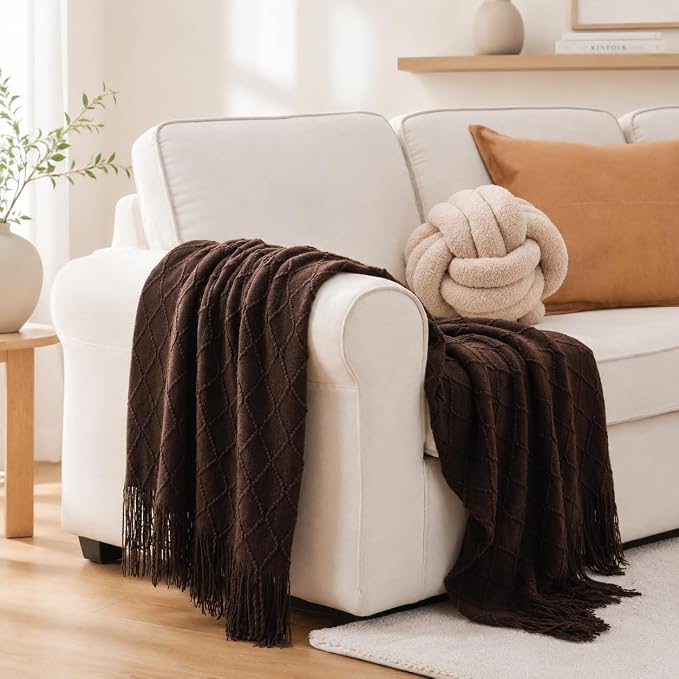 BATTILO HOME Dark Brown Throw Blanket for Couch, Chocolate Knit Throw Blankets for Home Decor, Decorative Brown Blanket for Foot of Bed, 50"x60"