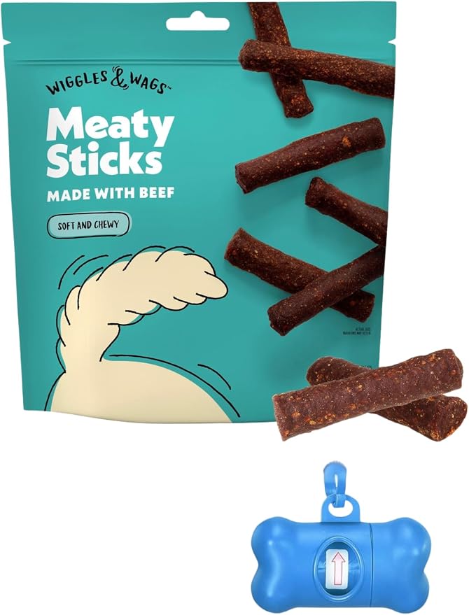 Wiggles & Wags Meaty Sticks Dog Treats, Beef Flavor, 16 oz with DN Essentials Bone Shaped Waste Bag Dispenser & Roll