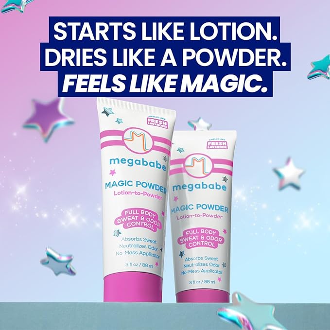 Megababe Sweat & Odor Absorbing Lotion - Magic Powder Stay-Dry Lotion to Powder | Spring Break Must-Have | Aluminum-Free, Talc-Free | 3 fl oz