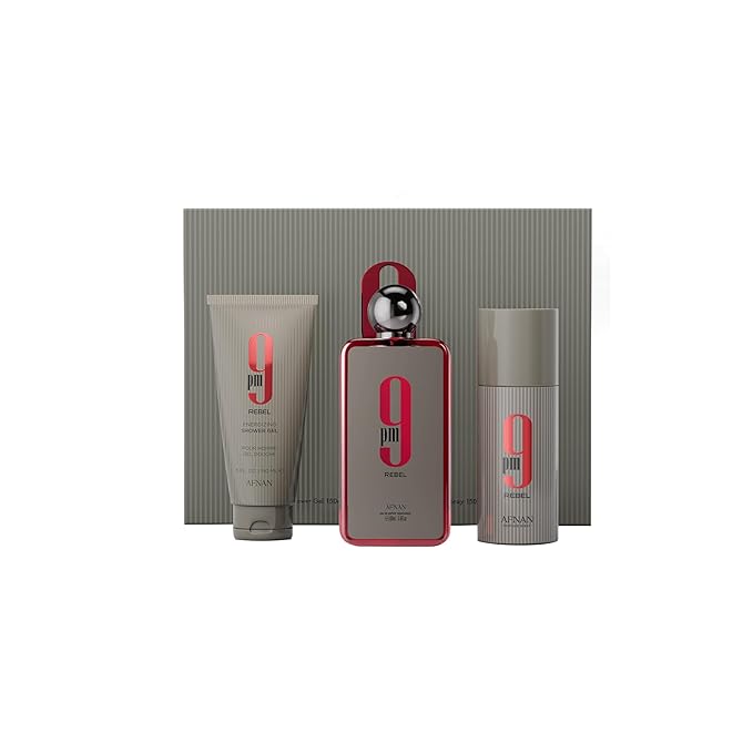 Afnan 9 PM Rebel Unisex Luxury Perfume Gift Set – Eau De Parfum (3.4 Oz), Deodorant (5.0 Oz), Shower Gel (5.0 Oz)