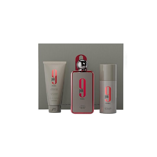 Afnan 9 PM Rebel Unisex Luxury Perfume Gift Set – Eau De Parfum (3.4 Oz), Deodorant (5.0 Oz), Shower Gel (5.0 Oz)