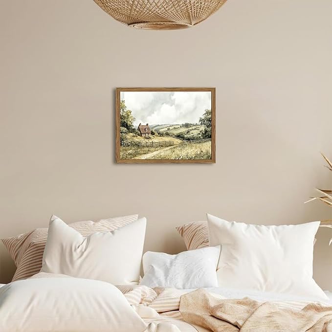 Framed Vintage Canvas Wall Art, Cottage Landscape Wall Decor Paintings, Rustic Farmhouse Pictures Prints Aesthetic Home Decor for Living Room Bedroom Bathroom 8x10 inch