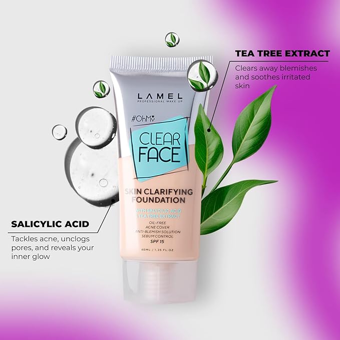 LAMEL Oh My Clear Face Full Coverage Foundation for Oily & Acne Prone Skin, Salicylic Acid & Tea Tree Extract, Anti-Blemish Sensitive Skin Care, Organic & Oil-Free, 401 Soft Beige, 40 ml / 1.35 fl.oz