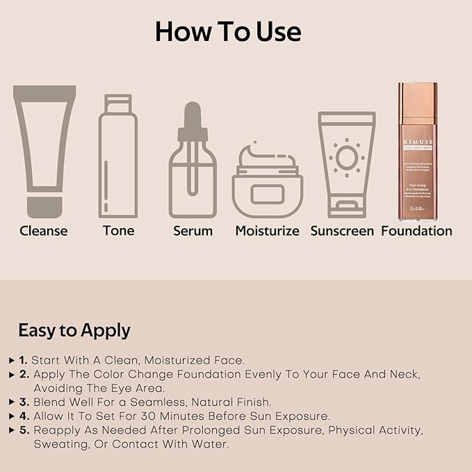KIMUSE Color Changing Foundation, 4 In 1 Smart Shade Skin Tone Foundation Makeup, Waterproof & Long Wear with Glycerin & Sodium Hyaluronate Tinted Moisturizer Face Makeup For All Skin Tones