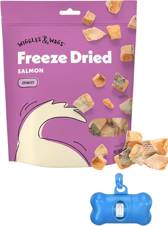 Wiggles and Wags Freeze Dried Salmon Dog Treats, 4 oz, with DN Essentials Bone Shaped Waste Bag Dispenser & Free Roll!