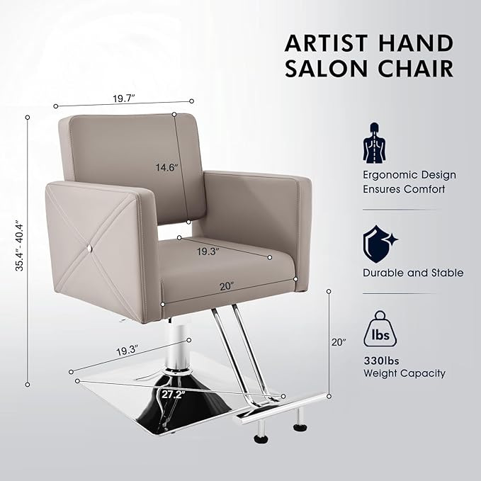 Artist hand Grey Salon Chair for Hair Stylist with Back Cover, Hydraulic Hair Chair 360 Swivel Barber Chair, Beauty Salon Equipment for Hair Stylist, Max Load Weight 330 Lbs