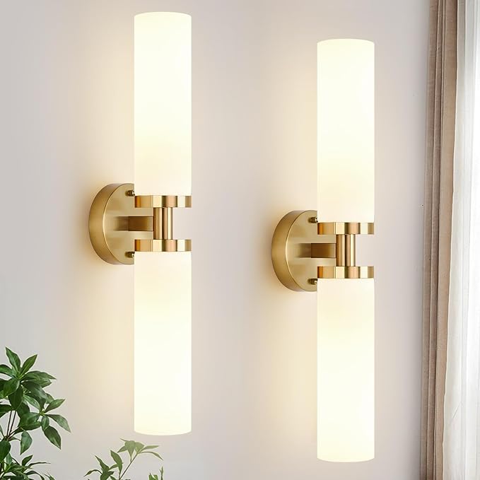 Wall Sconces Set of Two, Hardwired Brushed Gold Bathroom Sconces Wall Lighting with Milky White Glass, Modern Sconces Wall Decor Set of 2 Bathroom Light Fixtures for Mirror Living Room Hallway Bedroom