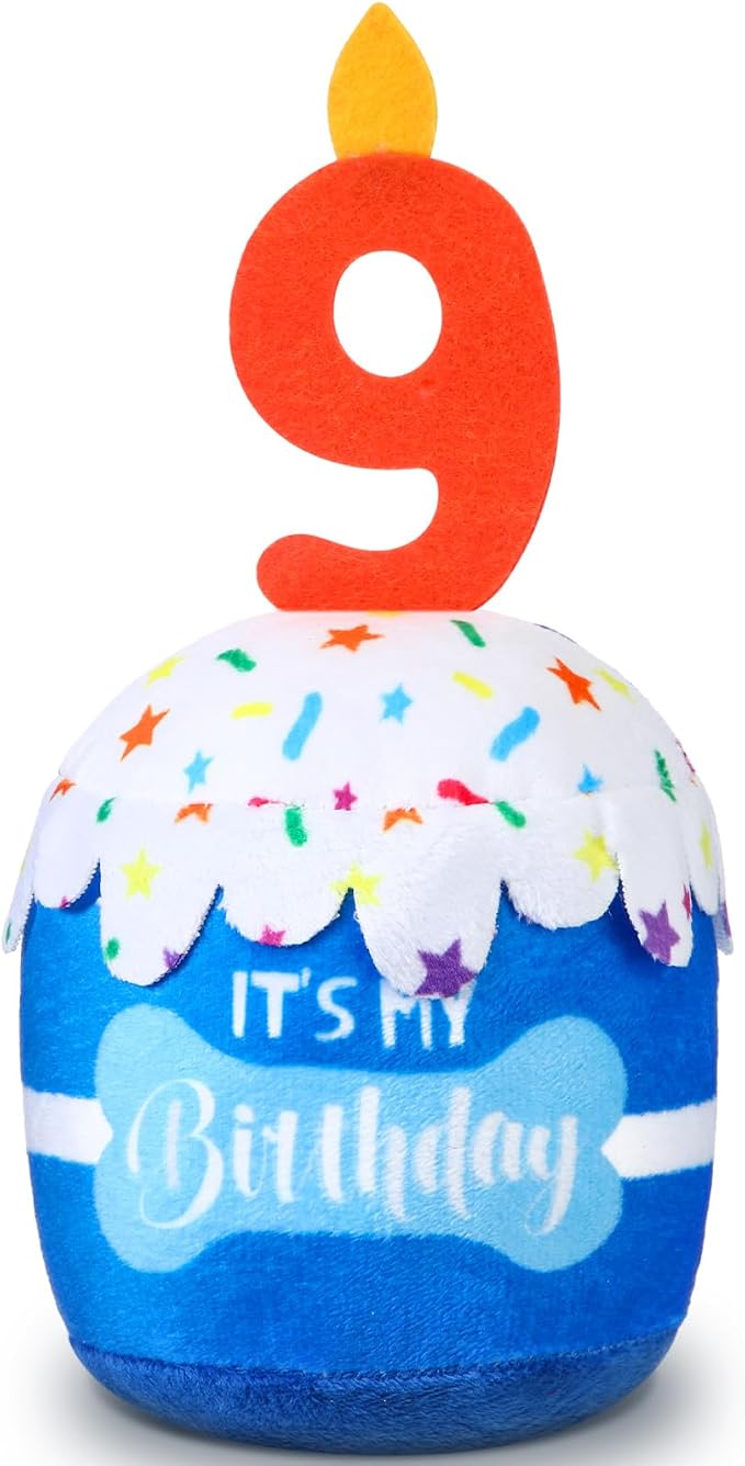 Dansydaisy Dog Birthday Cake Toy Squeaky Plush Gift,9th,Blue