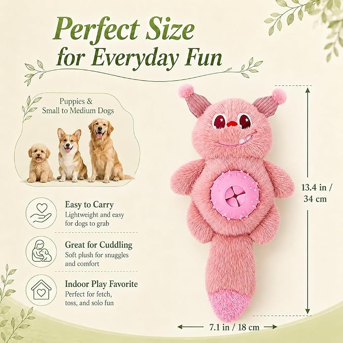 Cute Monster Plush Dog Chew Toy – Squeaky Ball, Crinkle Paper & Treat Dispenser, Washable Interactive Stuffed Toy for All Breeds, Relieves Boredom & Anxiety（Pink）