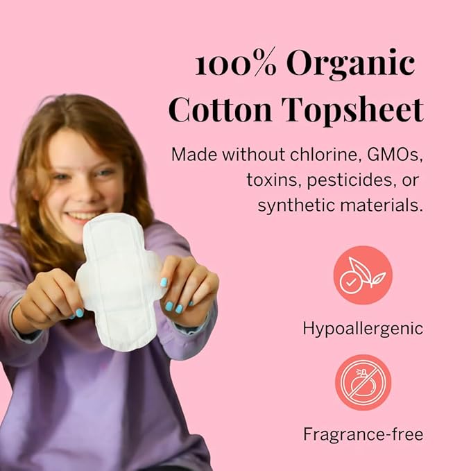 Pixie Organic Cotton Ultra Thin Mini Pads for Teens - Liners with Wings - Light Absorbency Menstrual Pads - Hypoallergenic, Unscented & Biodegradable for Feminine Care - FSA Eligible - 64 Count