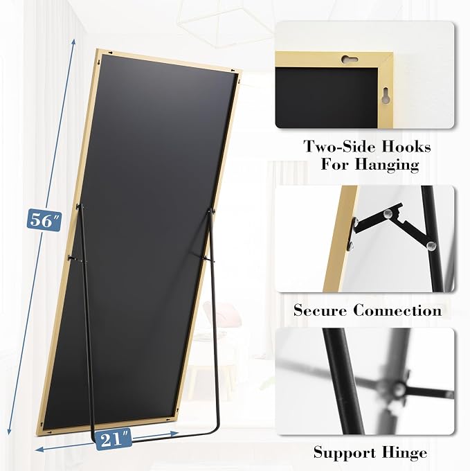 DUMOS 64"x21" Full Length Mirror with Stand, Full Body Floor Mirror | Free Standing or Wall Mount, Nano Glass Aluminum Frame, Hanging or Leaning, Modern Simple Home Decor, Gold