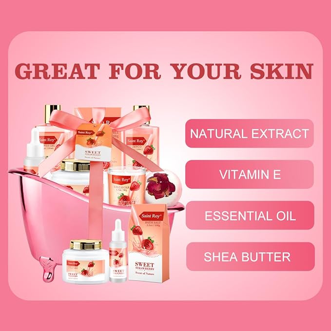 Mothers Day Gifts, Spa Kit for Women, Bath & Body Gift Set, Home Spa Bath Gift Basket, Strawberry Scented Bath Set Christmas Gifts, Pamper Kit for Girls & Teens, Birthday Gift, Bath Self Care Gift