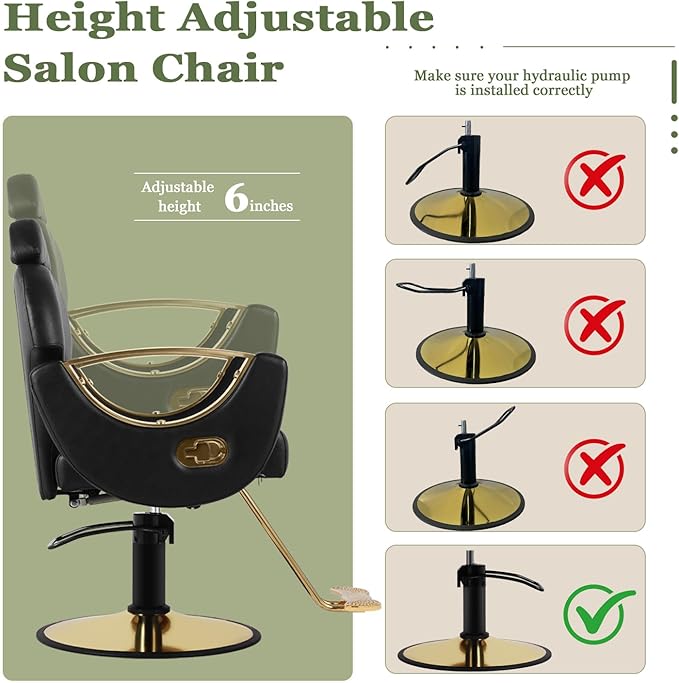 Black and Gold Reclining Salon Barber Chair for Hair Stylist, Hydraulic Pump Hair Salon Chair, 360° Swivel Styling Chair for Home or Barbershop