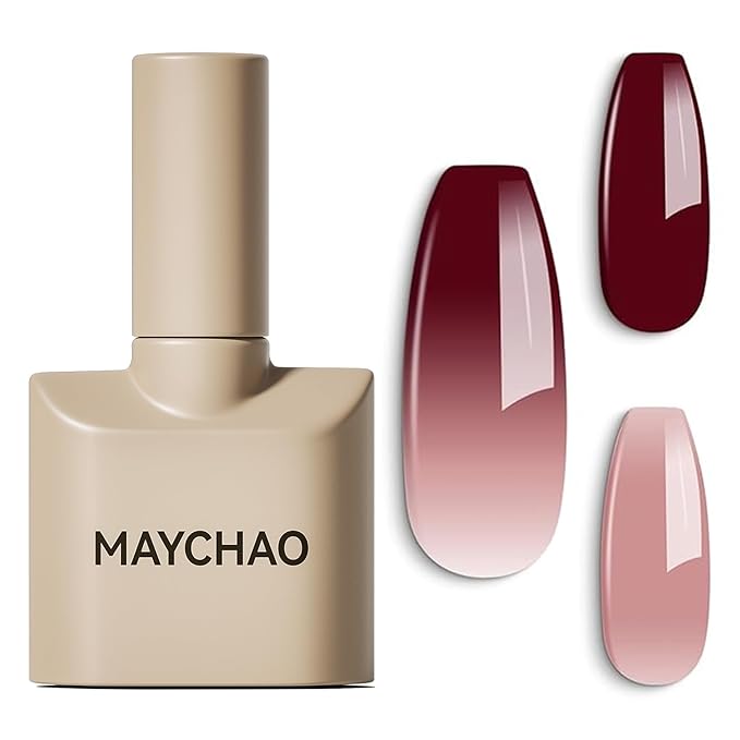 MAYCHAO 15ML Color Changing Gel Nail Polish 1Pc Translucent Nude Pink Burgundy Red Mood Temperature Change Color Soak Off Ombre Thermal Salon Home Fall Winter Manicure UV Varnish, 0.5 OZ