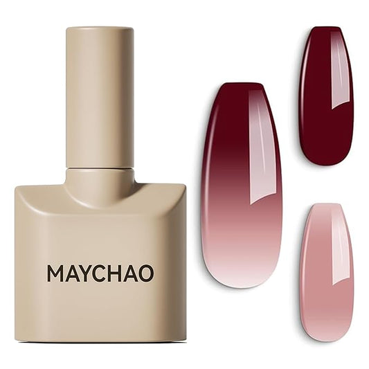 MAYCHAO 15ML Color Changing Gel Nail Polish 1Pc Translucent Nude Pink Burgundy Red Mood Temperature Change Color Soak Off Ombre Thermal Salon Home Fall Winter Manicure UV Varnish, 0.5 OZ