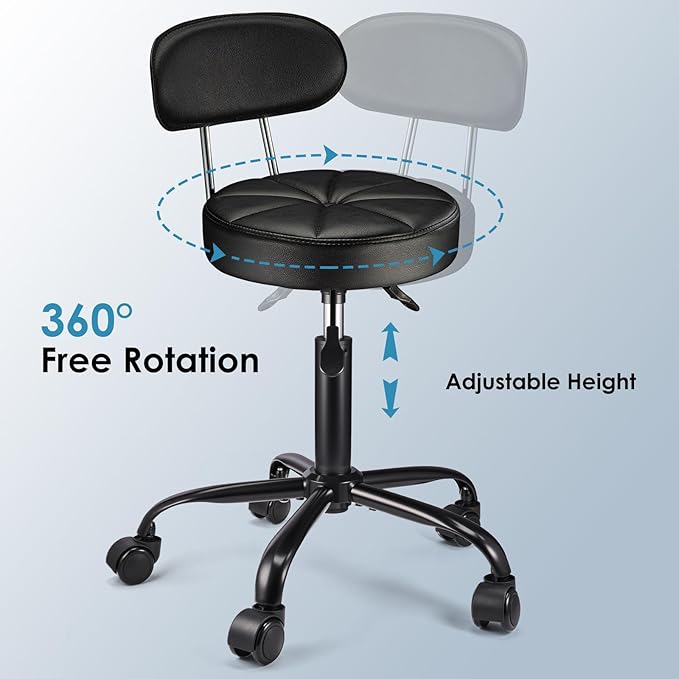 PU Leather Rolling Stool with Back Support Height Adjustable Swivel Stool Chair with Wheels Drafting Chair for Spa Slaon Massage Stable Base Foot Black