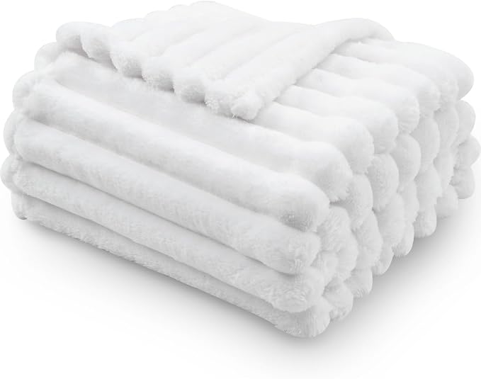 NEWCOSPLAY Fleece Ribbed Cozy Throw Blanket for Couch, White, 50"x60" | Premium Silky Flannel Blanket, Soft Lightweight Fluffy Throw Blanket for Bed Sofa Decor, Gift for All Season Use