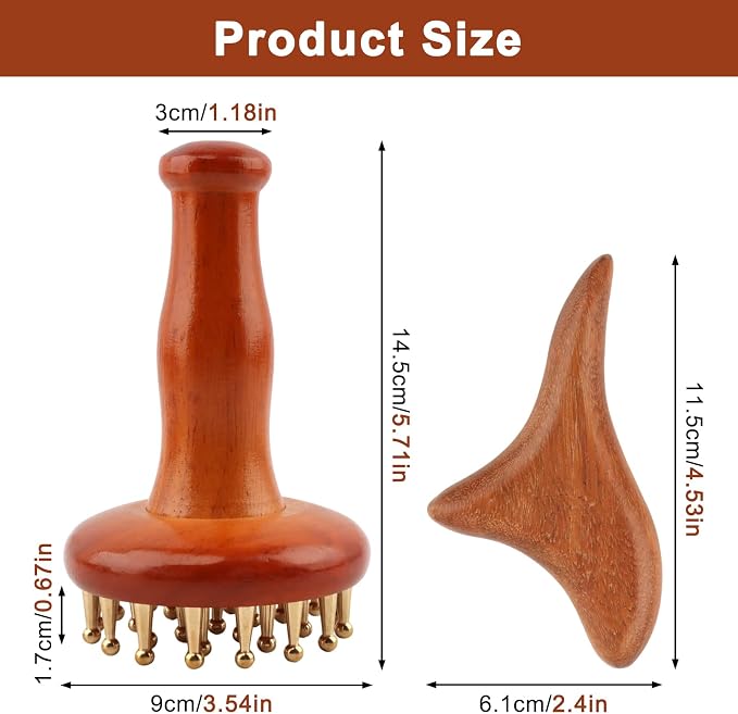 29 Teeth Copper Head Massage Comb for Body and Scalp, Include Sandalwood Triangle Tool, Meridian Point Massager Brush for Belly, Wooden Ergonomic Handle Design, Chinese SPA Gua Sha Tool for Body