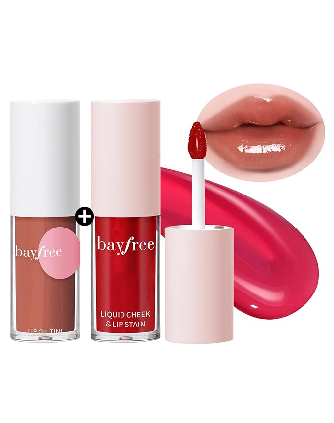 bayfree Tinted Lip Oil & Lip Stain Set, Korean Makeup, Smudge-Proof,Long-Wearing, 2-in-1 Cheek and Lip Tint with Moisturizing, High-Shine, Lightweight & Non-Sticky for Dry Lips, Cruelty-Free & Vegan