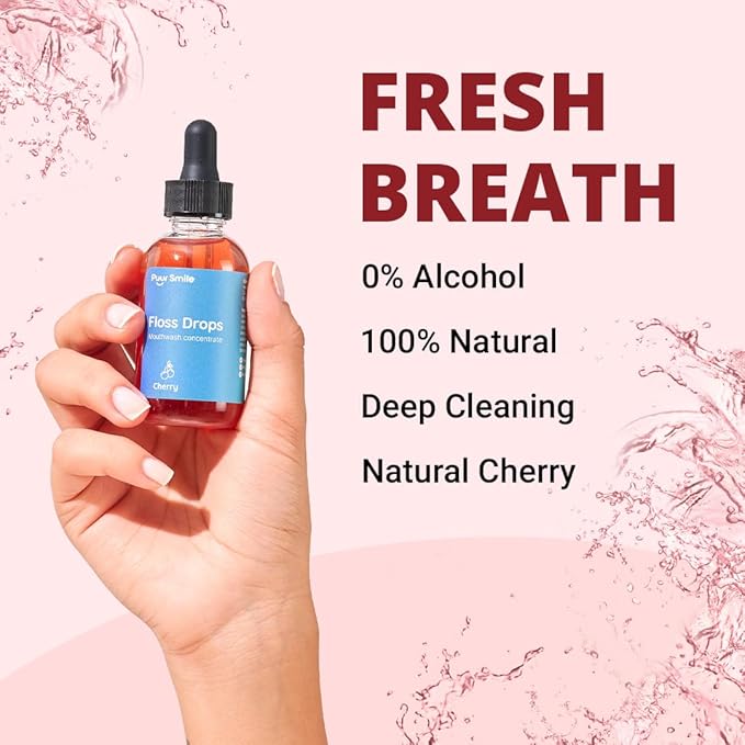 Puur Smile Concentrated Floss Drop Serum – 2oz Concentrated Mouth Wash to Use in Water Flosser | Natural Essentials Promotes Good Breath | Organic Drop Provides Good Oral Health (Cherry Flavor)