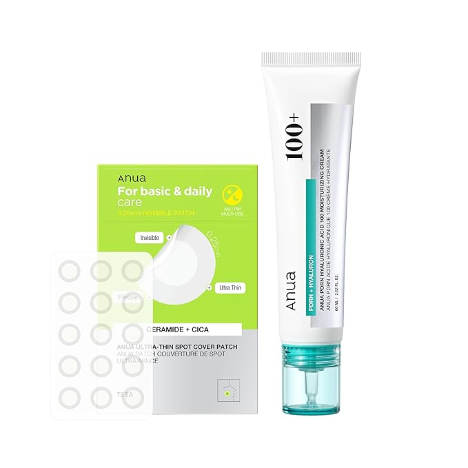 ANUA Hydration & Acne Care Set, PDRN Hyaluronic Acid 100 Moisturizing Cream, Ultra-Thin Spot Cover Patch, Lightweight Glass Skin Moisturizer & Hydrocolloid Pimple Patch for Sensitive, Acne-Prone Skin