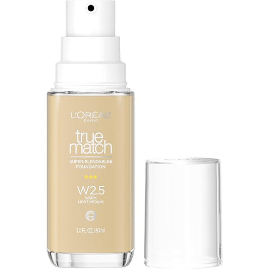 L'Oreal Paris True Match Super-Blendable Foundation, Medium Coverage Liquid Foundation Makeup, W2.5, Light Medium, 1 Fl Oz
