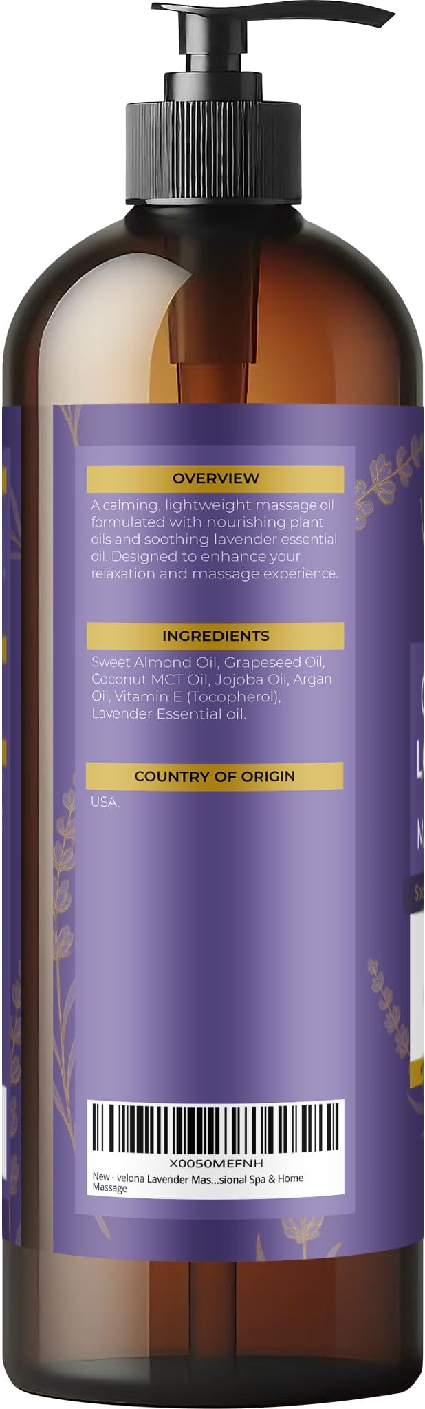 velona Lavender Massage Oil – 16 Fl Oz | Vitamin E & Lavender Essential Oil | Relaxing, Refreshing, Uplifting, Moisturizing Therapy Body Oil | Professional Spa & Home Massage